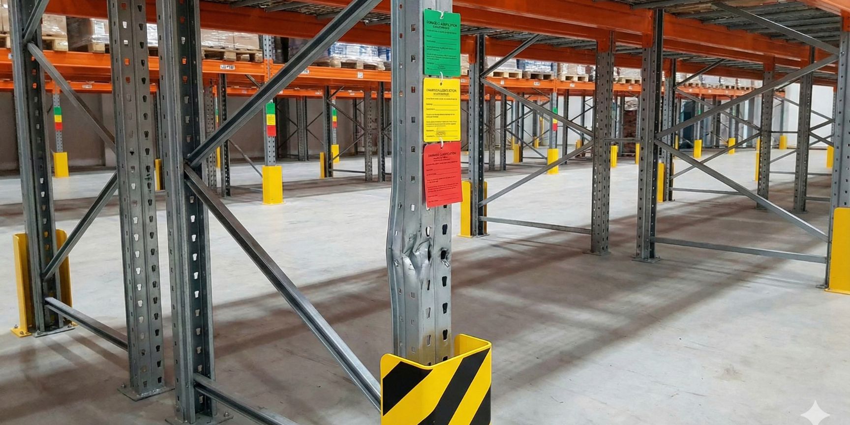  Foto eines beschädigten Regalständers in einer Lagerhalle mit einer deutlichen Delle. Am Ständer sind farbige Inspektions-Etiketten (grün, gelb, rot) angebracht, die den Schadensgrad anzeigen, sowie ein gelb-schwarzer Anfahrschutz.